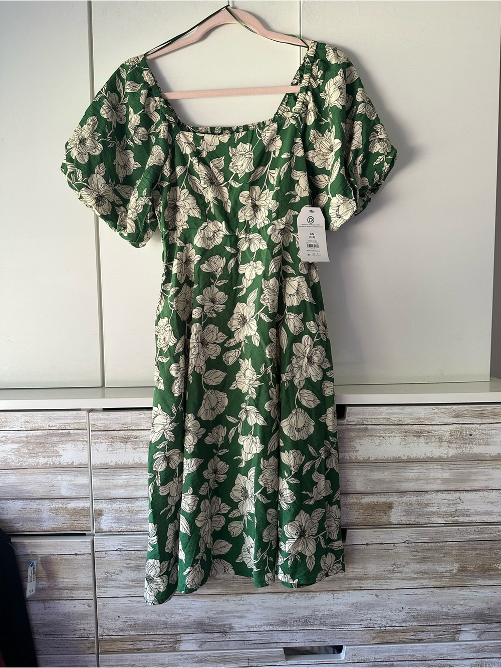 🌿 Time and Tru Green Floral Puff Sleeve Midi Dress XS 0-2 NWT